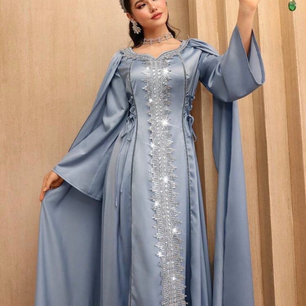 Embellished Light Blue Satin Evening Gown